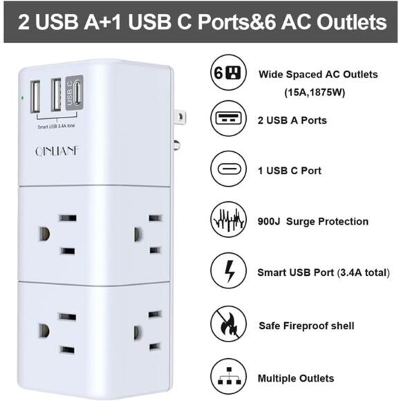 USB Outlet Extender Surge Protector - QINLIANF Multi Plug Outlet with Rotating - Picture 2 of 8